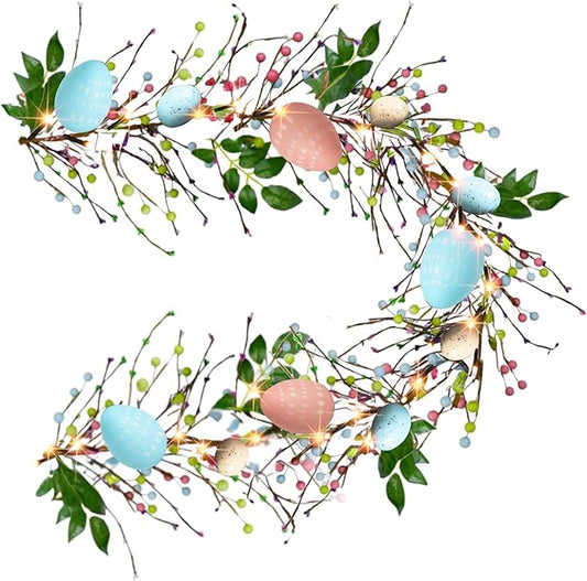 NEROSUN 6 FT Easter Egg Garland, 20 LED Battery Operated Lighted Garland with 8 Modes, Artificial Easter Garland for Indoor Outdoor Home Fireplace Party Door Decoration