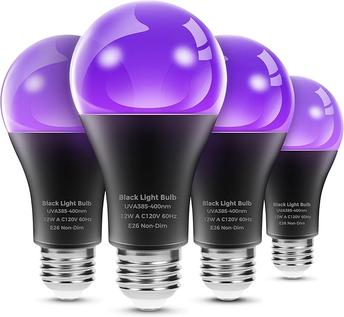 L LOHAS LED UV Black Light Bulbs, Halloween 12W A19 UV Blacklight, 100 Watt Equivalent, UVA Level 385-400nm Wavelength, Glow in The Dark for Body Art Paint, Fluorescent Poster, Neon Glow Party, 4 Pack