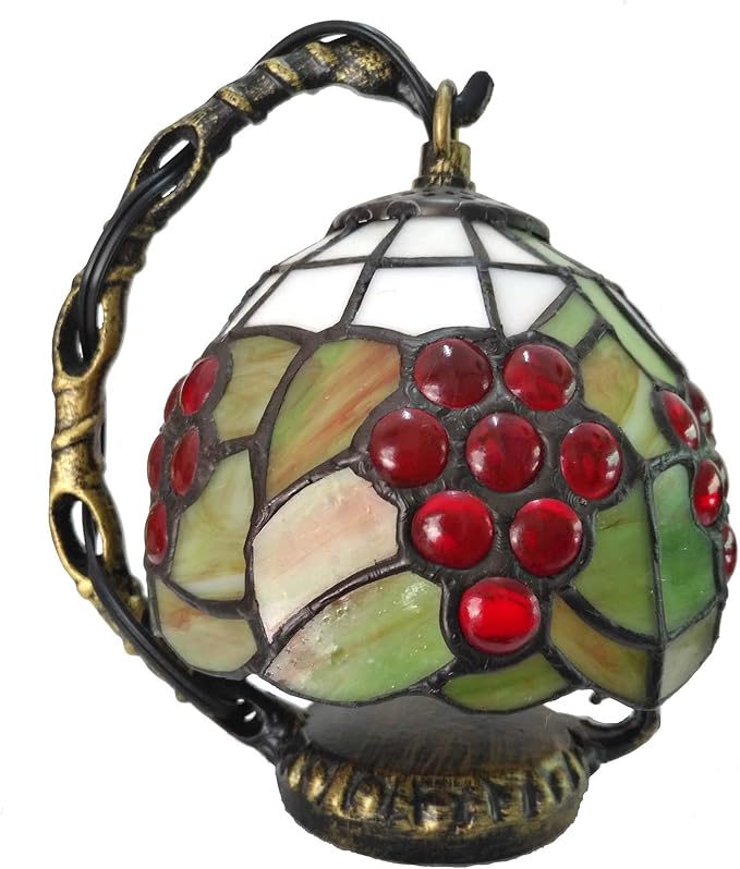 Bieye L10554 Grapes Tiffany Style Stained Glass Mini Table Lamp Night Light for Bedside Living Room, 7-inch Tall