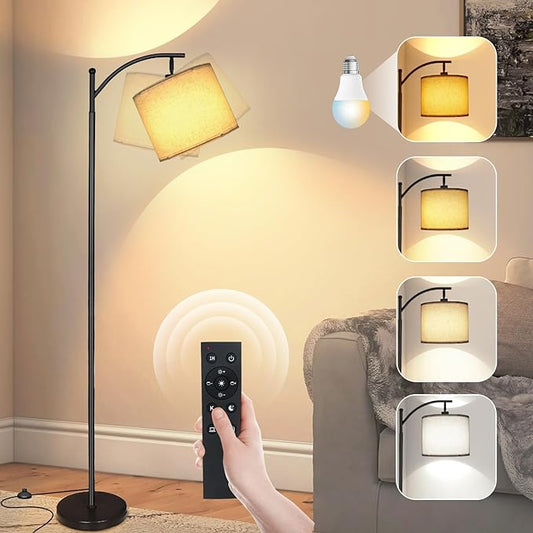 LED Floor Lamps for Living Room, 12W 1200LM Modern Arc Floor Lamp with Remote & Adjustable Linen Lampshade, 12 Color Temperature Stepless Dimmable Tall Standing Lamp (Beige Shade)