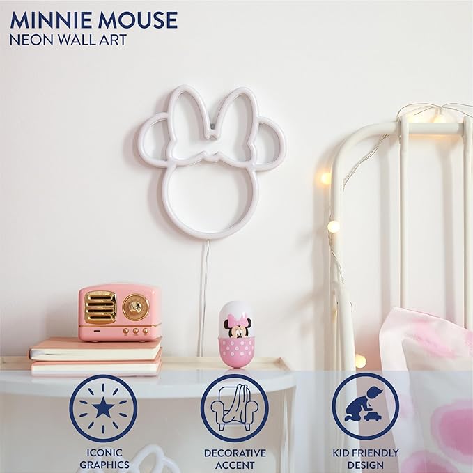 Disney Minnie Mouse Neon Figural LED Hanging Wall Art, Kids Bedroom & Playroom Wall Décor, 6.8” x 11”