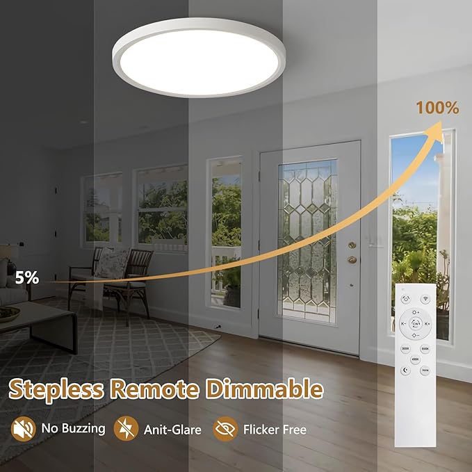 20 Inch Dimmable Large LED Flush Mount Ceiling Light, 43W, 3200LM, 3000K-6500K Stepless CCT, Dimmable with Remote Ceiling Light, Round Flat Panel Fixture for Living Room, Bedroom,Kitchen (White)