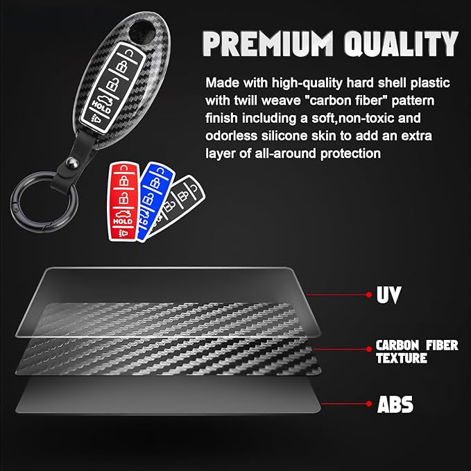 Xotic Tech Smart Key Fob Shell Full Cover Case Keychain Compatible with Nissan Maxima Murano Altima GT-R 370Z Rogue or Infiniti JX35 Q50 Q60 Q70 QX60, Carbon Fiber ABS Silicone Night-Luminous Black