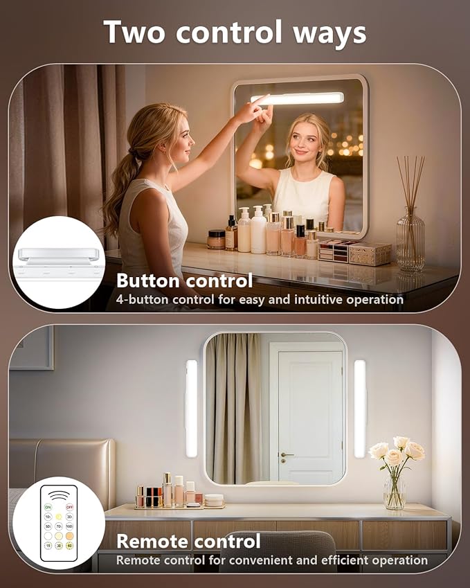 WILLED 5W Mirror Lights with Remote Control,Eye-Friendly Vanity Lights Stick on,Adjustable Color Temperatures Makeup Light with Battery Level Display,Rechargeable Light bar for Bathroom(2 Pack)