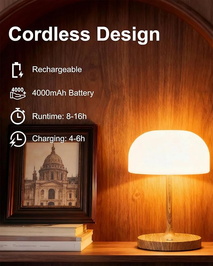 VoMii Mushroom Lamp, 9” Cordless Table Lamp Waterproof Shower Lamps with 4000mAh Battery Rechargeable & 3 Color Temperatures, Dimmable LED Night Light for Bathroom, Bedroom & Home Decor - Wood Grain