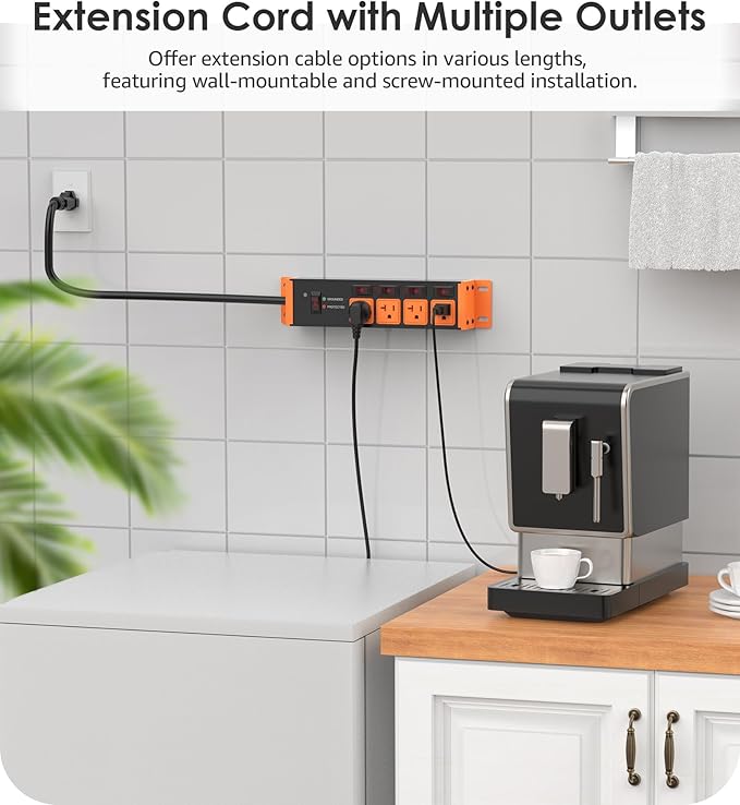 CCCEI Heavy Duty Surge Protector Power Strip 20 Amp Individual Switches. 10FT 12 Gauge Extension Cord with Multiple Outlets. Kitchen, Garage, Shop, Industrial Wall Mount Electric Extender, Orange.