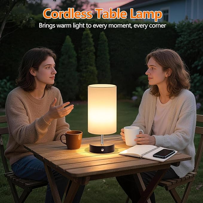 Black Cordless Table Lamp Rechargeable, 6000mAh Battery Operated Bedside Lamps, Portable LED Desk Lamp with Stepless Dimming, Wireless Lamp with White Shade, Modern Touch Small Night Light for Bedroom