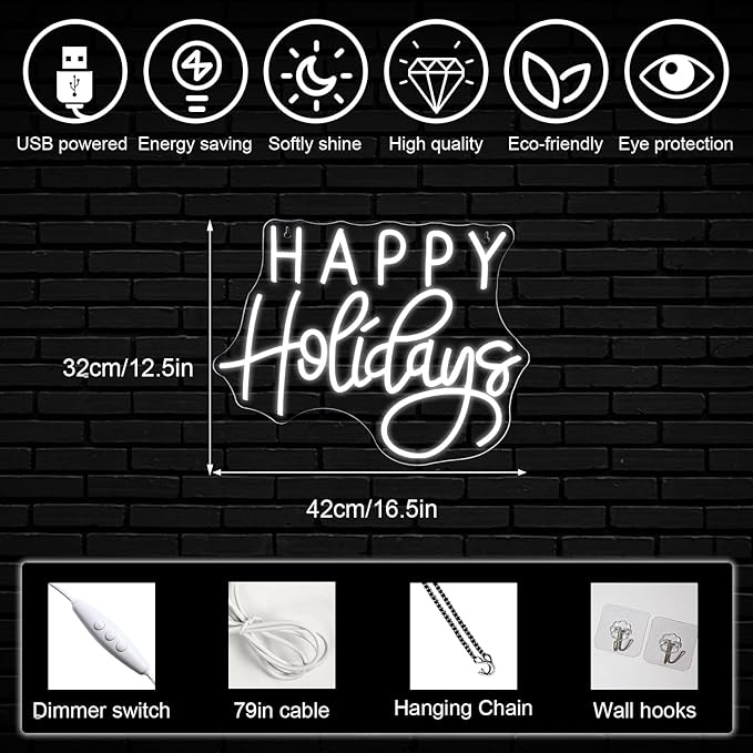 Horseneon Happy Holidays Neon Sign, Merry Christmas Neon Sign for Wall Decor, LED Sign with USB Powered for Party, Home, Bedroom, Living Room, Bar