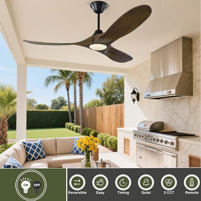 52 Inch Smart Outdoor Ceiling Fan with Light, Rustic Farmhouse Wood Ceiling Fan with 3 Blades Propeller, Damp Rated, Alexa/Remote/App Control, High CFM Quiet DC Motor for Patios Indoor Exterior