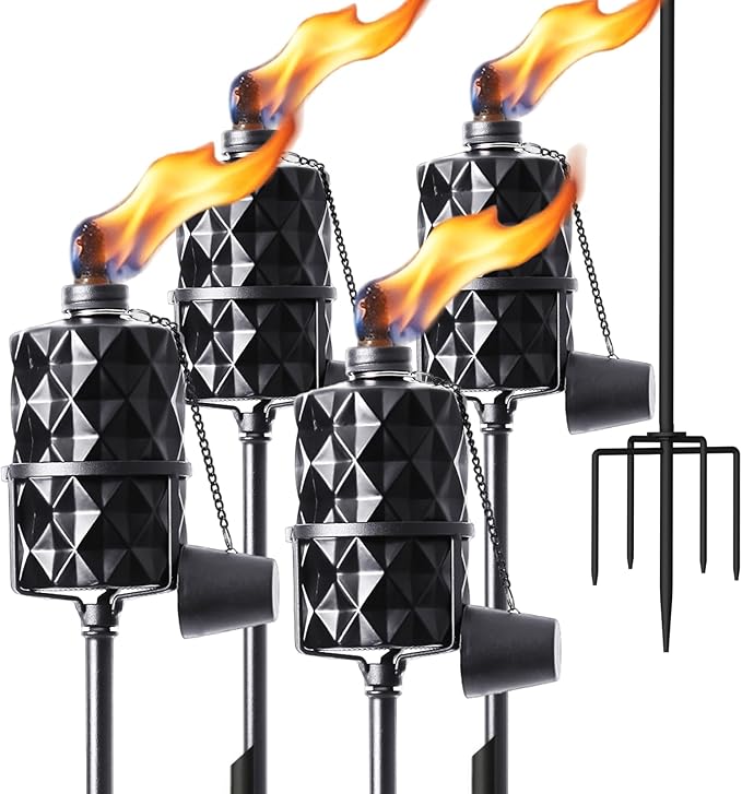 4 Pack Glass Torches, 13.5 oz Citronella Torches for Outside, Citronella Torches with 5-Prong Grounded Stake, Landscape Lanterns Torches for Garden, Patio, Party Decor (Black)