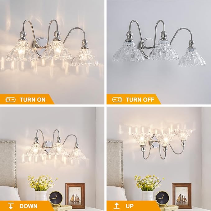 Vintage Bathroom Light Fixtures Over Mirror, 3-Light Brushed Nickel Wall Sconce Lighting with Flower Glass Shade, Farmhouse Vanity Lights for Bedroom Kitchen Living Room Hallway Light