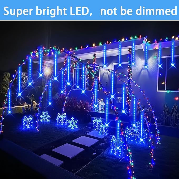 Blue Christmas Icicle Lights Outdoor: 40 Tube(Equivalent to 5 Sets of 8-Tubes) Meteor Shower Rain Lights - Waterproof Christmas Halloween Decorations for Yard Outside Tree Roof, UL Plug
