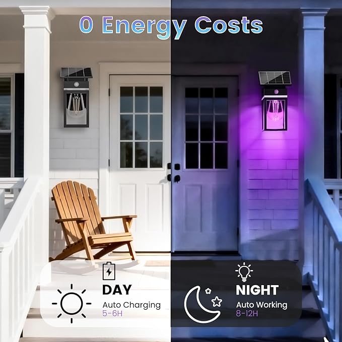 RGB Solar Wall Lights Outdoor, Dusk to Dawn & Motion Sensor Porch Light with Lantern Shape, 10 Modes (RGB Cycle/Fixed) IP65 Waterproof, E26 Bulb Exterior Sconce for Front Porch, Garage, Patio