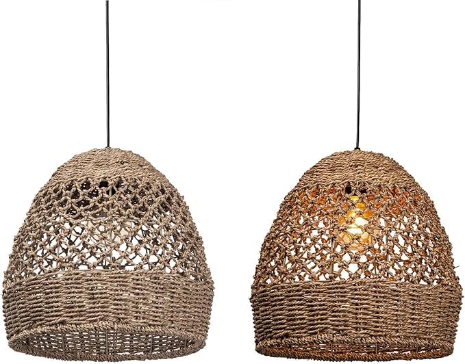 Arturesthome Rattan Woven Pendant Light for Kitchen Island, Hand-Woven Ceiling Chandelier, Handmade Natural Seaweed Hanging Lights Crafts Lampshade D 15.7in