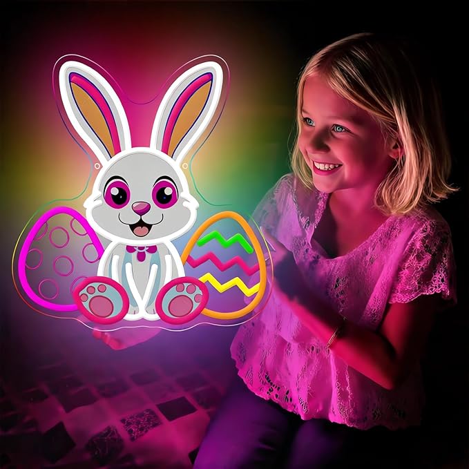Easter Neon Sign, LED Light Up Bunny Eggs Decorations for Bedroom, Nursery Room, Classroom, Home, Acrylic Wall Mounted Lighted Cartoon Rabbit Decor, Easter Gifts for Boys and Girls, 14 x 13 Inches, USB Powered