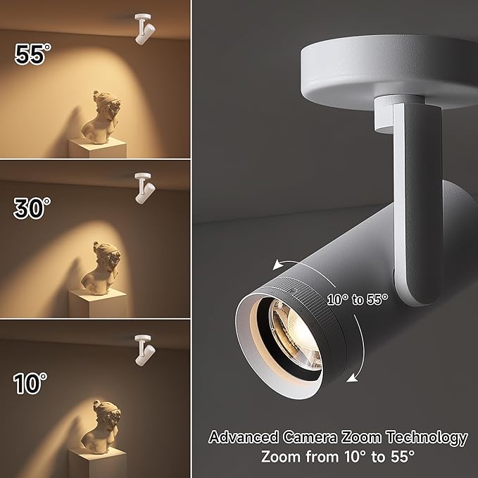 12W LED Dimmable Zoomable Ceiling Spotlight Indoor – Adjustable Surface Mount Accent Light for Home Corridor, Picture, Plants & Artwork | Warm White 3000K CRI 97, White 4 Packs