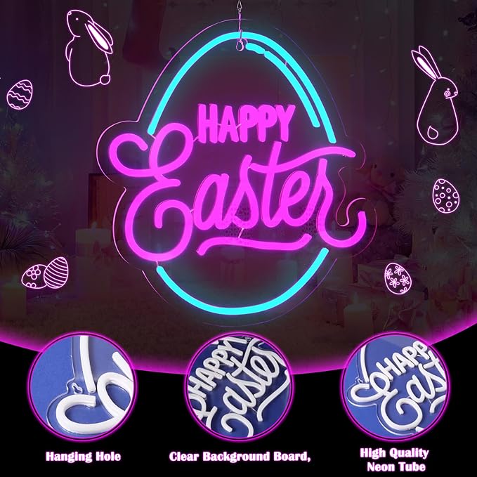 Baquler Easter Neon Sign for Wall Decor Egg Happy Easter LED Neon Light Window USB Powered for Wall Room Gift Party Decoration