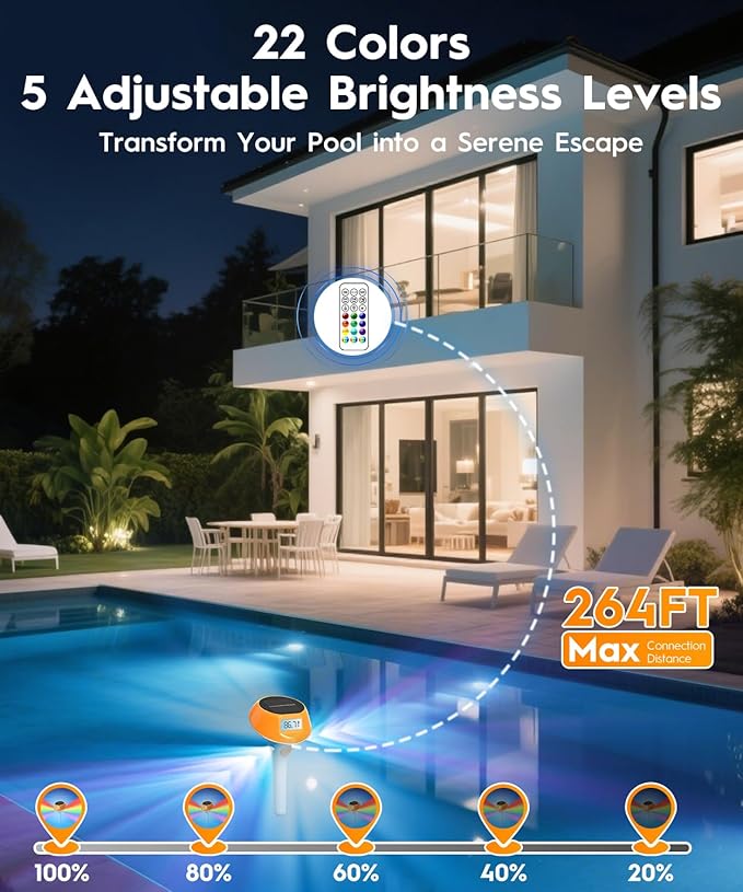 Solar Pool Lights for Inground Above Ground Pool, 22-Color 5-Mode, IP68 Waterproof Floating Pool Lights with Backlit Display, Magnetic Charging and Thermometer for Swimming Pool, Ponds, Tub, Spa