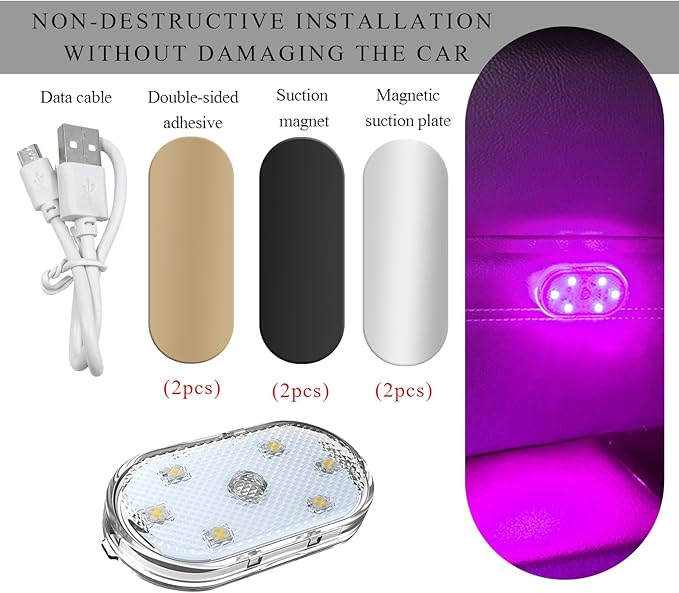 2 PCS Car LED Lights Interior Wireless, Magnetic Car Ambient Lighting with 6 Bright LED Lamp Beads, Portable USB Rechargeable Vehicle Interior Led Night Light for Car (Pink)
