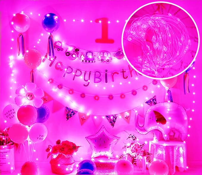 Valentine's Day Pink String Lights Battery Powered 7Ft 20 LED Waterproof Silver Copper Wire Fairy Lights, Diwali Halloween Christmas Home Party Wedding Girls Room Decorations-2Pack