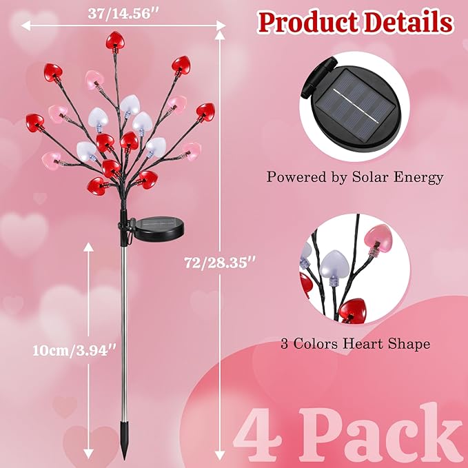 Lewondr Valentine's Day Solar Outdoor Lights, 4 Pcs Valentines Day Decorations, 20 LED Red Pink White Heart Solar Lights with 2 Modes, Waterproof Valentines Decor for Outdoor Garden Lawn Yard Pathway