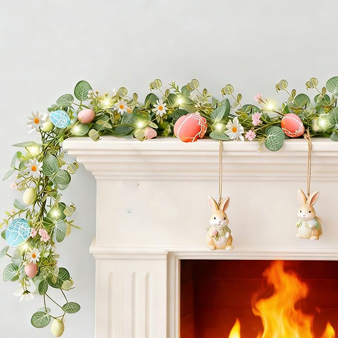 Easter Garland for Mantle - 6FT Faux Eucalyptus Garlands with Daisy, Pink Bloom & Egg, 20 LED Lights, Battery Operated Auto Timer, Flexible for Indoor Outdoor Spring Home Decor