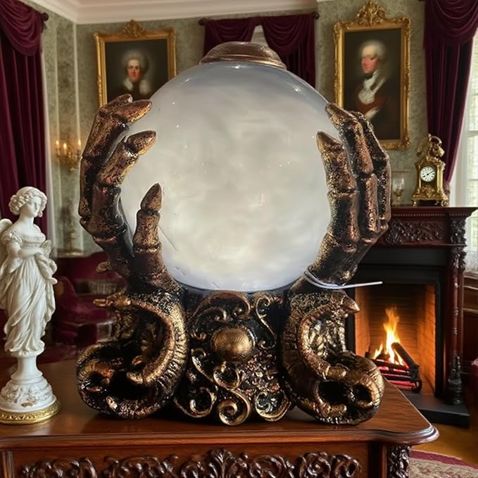 LED Lighted Animated Decor Halloween Crystal Ball with Fog,Skeleton Hand Holder Mystic Psychic Centerpiece Haunted House Gothic Decor for Home Party