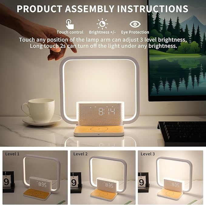 Sunrise Alarm Clock for Heavy Sleepers,Touch Lamps for Nightstand with Wireless Charger Station for iPhone/Samsung,Sound Machine,Wake Up Light with Snooze/Timer/10 Natural Sounds/3 Dimmable
