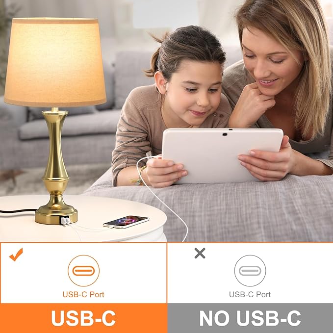 Seealle Upgraded Touch Lamps for Night Stands Set of 2 - Bedside Lamps with USB C+A, 3 Way Dimmable for Bedroom Living Room End Tables Office (Oat Shade&Coppery Base)