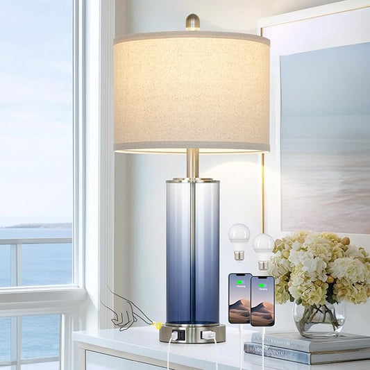 26" Glass Table Lamp Single, 3-Way Dimmable Touch Control Living Room Lamp with USB C+A Ports & AC Outlet, Coastal Bedside Lamps, Bedroom Lamps for Nightstand Side End Table Desk, Blue-1PK