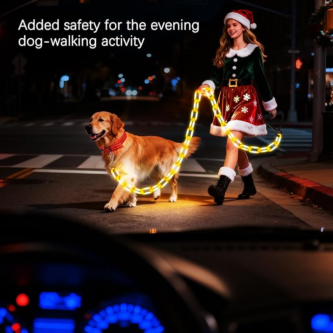 Joomer 6FT Light-Up Dog Leash for Night Walking, 60 LED Battery-Operated Dog Chain Lights with 6 Modes & Timer, Glow Leash with Secure Handle for Small to Large Pets - Warm White