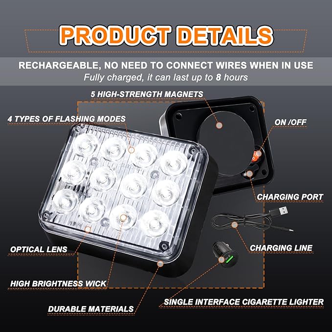 2PCS Battery Operated Led Strobe Light, Magnetic Wireless LED Rechargeable Strobe Light for Trucks Car Surface Mount Beacon Warning Emergency Flashing Light for Vehicles Trucks Tow (White)