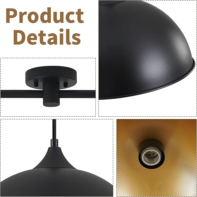 Pendant Lights Kitchen Island, 3-Pack Dome Pendant Light Fixtures with Black and Gold Finish Farmhouse Industrial Hanging Pendant Light for Dining Room Restaurant Cafe Entryway