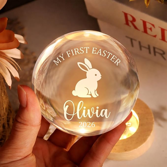 Personalized Easter Bunny Crystal Ball LED Lamp, Custom Name Glass Globe Night Light, Spring Home Decor Accent Light with Wooden Base, My First Easter Keepsake Gift for Family and Bedroom Display
