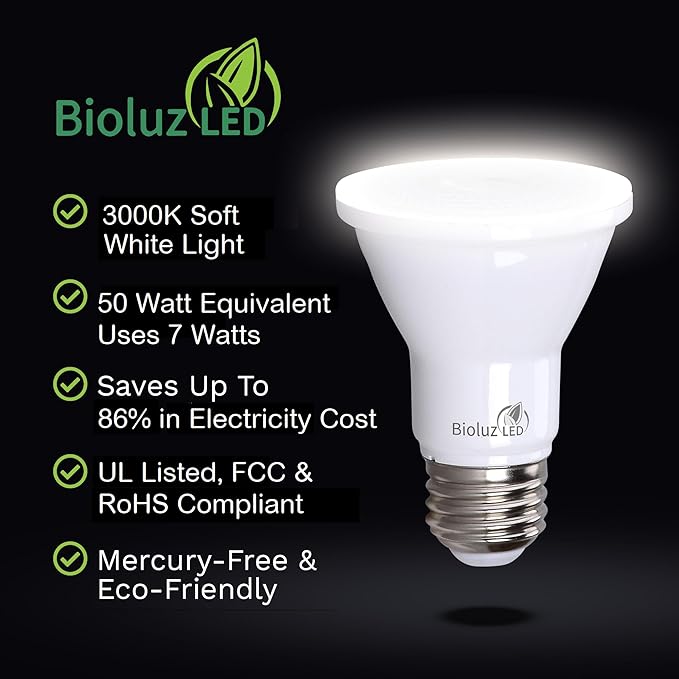 Bioluz LED 20 Pack PAR20 LED Bulbs 3000K Soft White Dimmable 50 Watt Equivalent Using 7W, Spot Light Bulb E26 Base 40 Degree Beam Angle UL Listed FCC RoHS Compliant