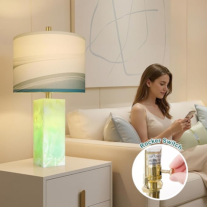 Scenekoy 23" Alabaster Table Lamp Set of 2 with Night Light for Bedroom Living Room, Rotary Switch, Blue Table Lamp with Linen Shade, Modern Nightstand Lamps for Room Bedside Bedroom (Bulb Included)