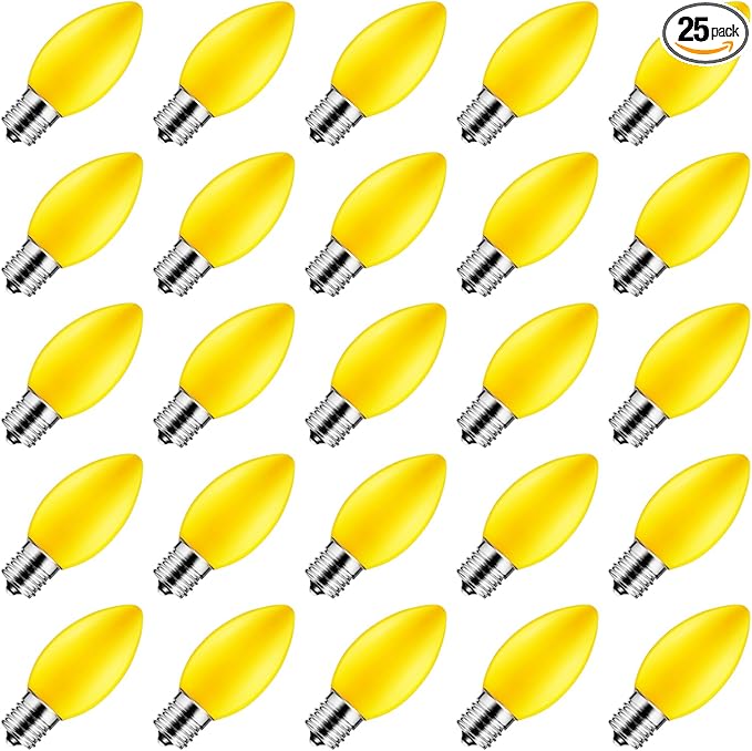 Brightown 25 Pack C9 Replacement Bulbs, Christmas C9 Incandescent Bulbs for Christmas String Lights, Christma Tree, Indoor Outdoor Holiday Decor, E17 Intermediate Base, 7 Watts, Yellow