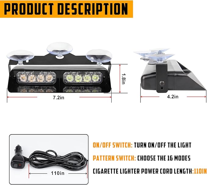 White Amber 2 In 1 LED Emergency Dash Strobe Lights, 16 Flashing Modes 12V Interior Shield Traffic Advisor Safety Hazard Warning Lights with Suction Cups for Vehicles Trucks (Yellow＆White)