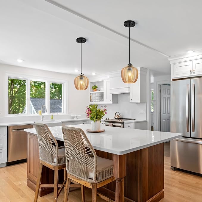 Amber Glass Pendant Lights Kitchen Island 2 Pack 6.29 in Glass Globe Pendant Light Fixture Adjustable Modern Farmhouse Pendant Lighting for Bedroom Dining Room