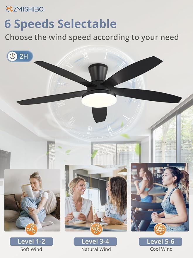 ZMISHIBO 52 inch RGB Ceiling Fans with Lights and Remote/APP Control,Black Low Profile Ceiling Fan with Quiet DC Motor,LED Dimmable, Modern Flush Mount Ceiling Fan for Bedroom Indoor,Party, Patio