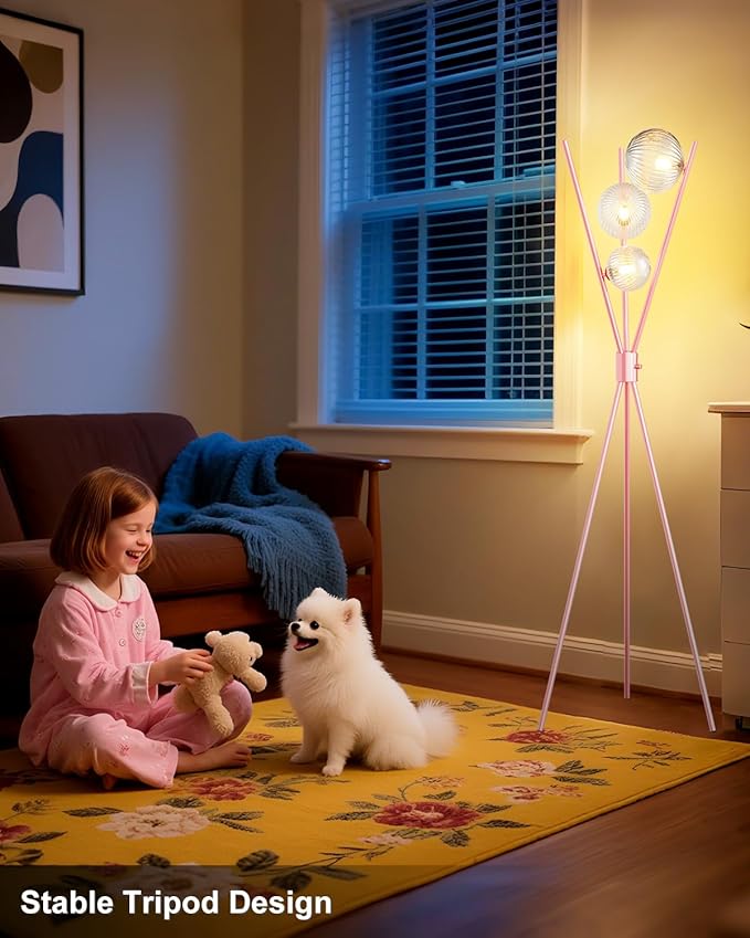 Lightdot Tripod Floor Lamp Dimmable Pink Standing Lamps with Globe Clear Glass Lampshade 3PCS 3000K Bulbs Included Mid Century Modern Floor Lamp for Living Room/Bedroom/Sofa Beside/Corner Decor