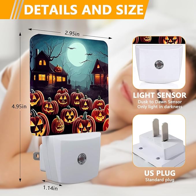 Halloween Pumpkin Night Light, Plug-into Nightlight White LED Lamp, Energy Efficient Decor Desk Lamp for Bedroom Hallway Stairs Bathroom