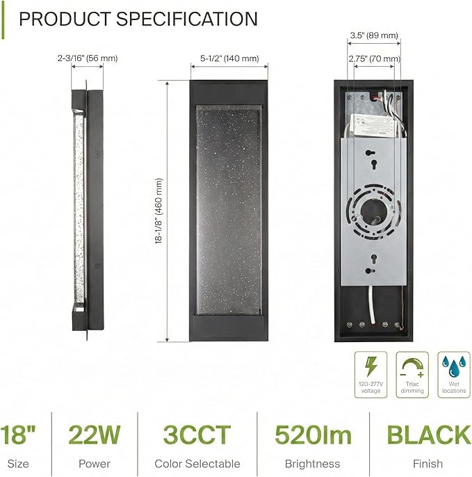 ASD LED 18" Bubble Glass Wall Light Fixture, Outdoor & Indoor Seeded Sconce | 3CCT, Waterproof, Dimmable, Up-Down Glow, ETL Listed | 22W 520LM 3000-5000K 100-277V | Porch Lighting | Black, 2 Pack