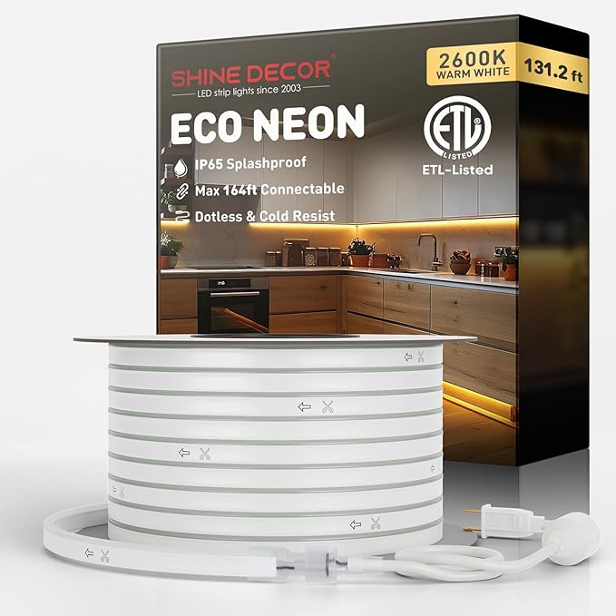 Shine Decor LED Neon Rope Lights Connectable, 131.2FT Flexible AC 110V 120V Neon LED Strip Lights(Warm White) Outdoor Waterproof, 40M ETL Plug&Play Neon String Lighting 120LEDs/M for Home Commercial