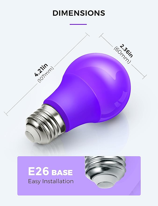 L LOHAS LED Halloween Purple LED Light Bulbs Outdoor, A19 9W(60W Equivalent) Purple Colored Light Bulb, E26 Base, Non-Dim, 2-Pack