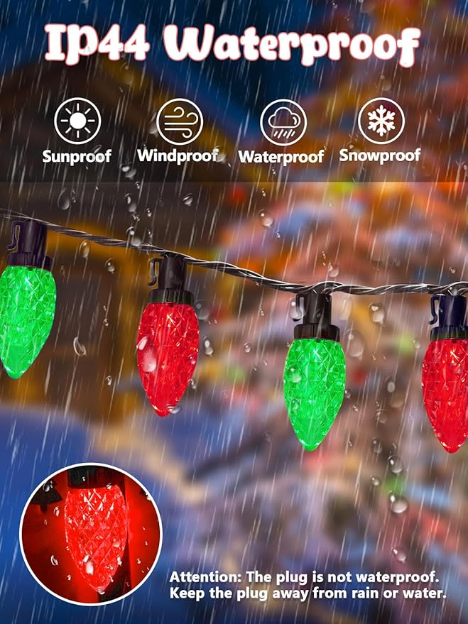 2-Pack Connectable C9 Christmas Lights Outdoor Indoor, 66 FT 100 LED Christmas String Lights Plug in with 8 Modes & Timer, Waterproof Fairy Twinkle Light for Xmas Tree Yard Decorations (Red and Green)