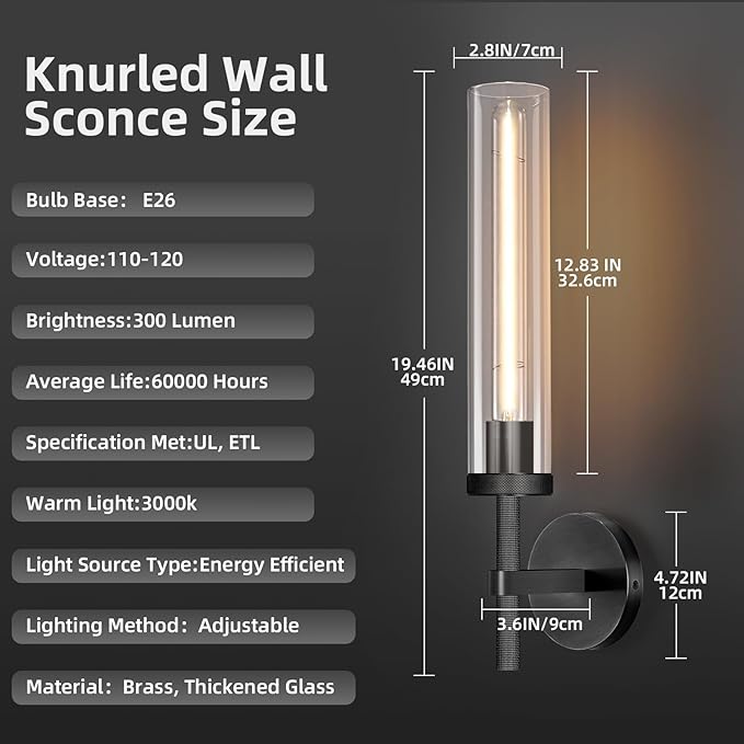 Modern Black Hardwired Wall Sconces, 21'' Knurled Bathroom Wall Sconce, Indoor Wall Sconce,Copper and Glass Vanity Light, for Living,Bedroom, Hallway, Staircases, Include Bulbs