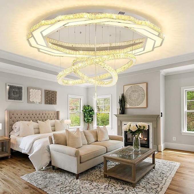 Flashing God Extra Large Chandelier Dia 55" Chrome Chandeliers Flush Mount Chandelier for Living Room Bedroom Dining Room Hallway Dimmable 3 Rings Chandeliers
