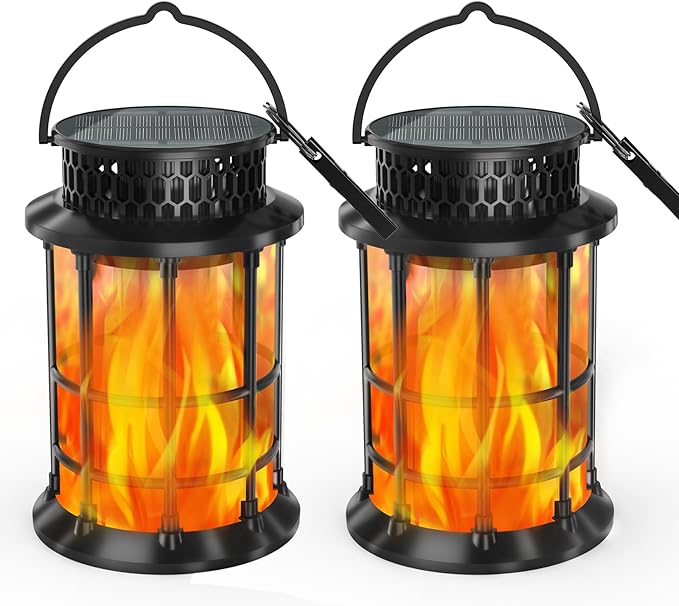 Solar Lanterns Outdoor Waterproof,Upgraded Flickering Flame Lights, Hanging Solar Lanterns Lights, Solar Powered Decorative for Garden Yard Pathway, 2 Pack