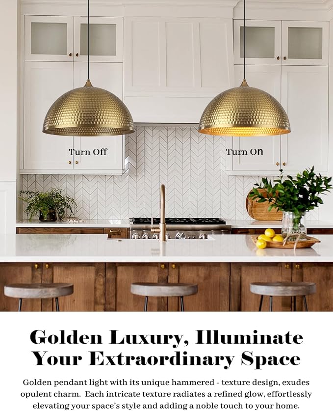 Gold Pendant Light 16 inch, Hammered Large Dome Pendant Light, Industrial Farmhouse Pendant Lights Kitchen Island, Gold Kitchen Pendant Lights for Kitchen, Dining Room Living Room 2 Pack